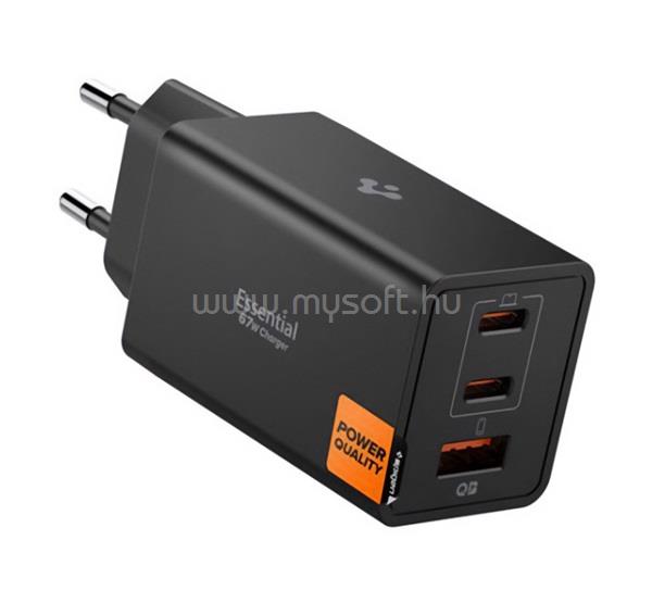 SPIGEN ESSENTIAL hálózati töltő USB+2 Type-C aljzat 67W, PD gyorstöltő 3.0, FEKETE