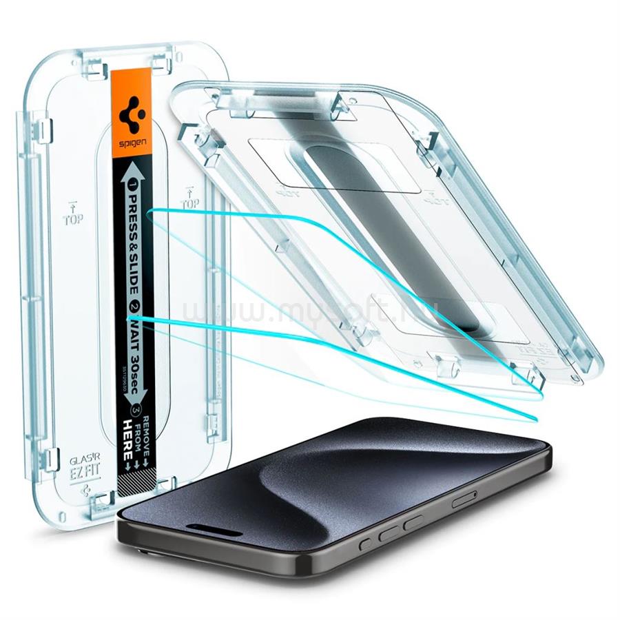 SPIGEN iPhone 15 Pro SPIGEN EZ FIT HD képernyővédő üveg 2db 2.5D, 9H + segédkeret, ÁTLÁTSZÓ