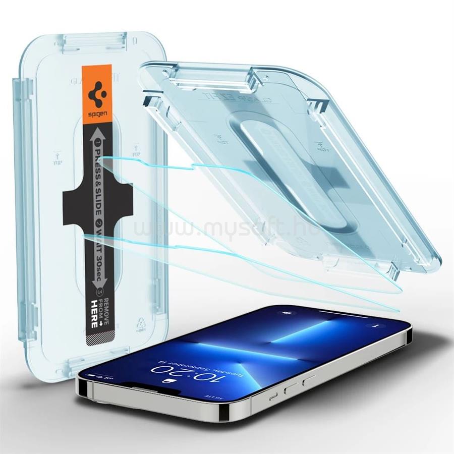 SPIGEN iPhone 17e / 16e / 14 EZ FIT képernyővédő üveg 2db 2.5D, 9H + segédkeret, ÁTLÁTSZÓ