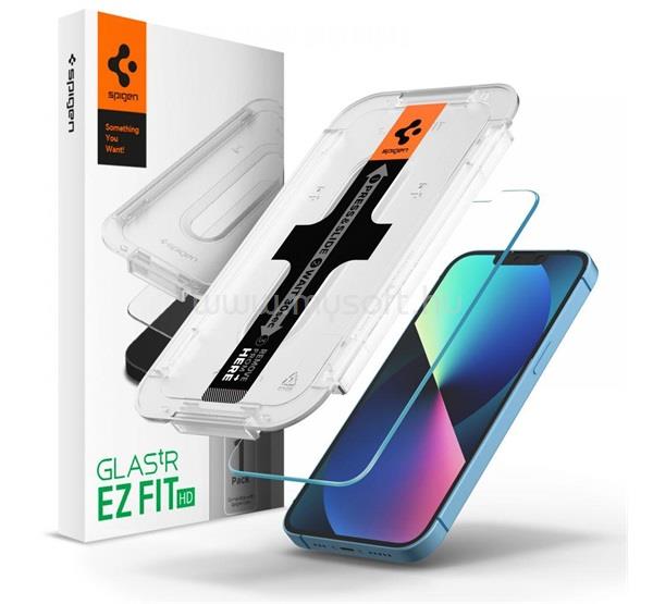 SPIGEN iPhone 17e / 16e / 14 EZ FIT HD képernyővédő üveg 2.5D, 9H + segédkeret, ÁTLÁTSZÓ