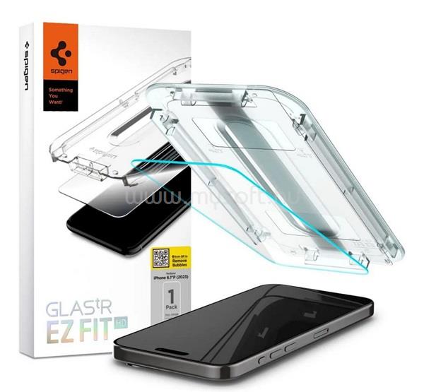 SPIGEN iPhone 15 Pro SPIGEN EZ FIT HD képernyővédő üveg 2.5D, 9H + segédkeret, ÁTLÁTSZÓ