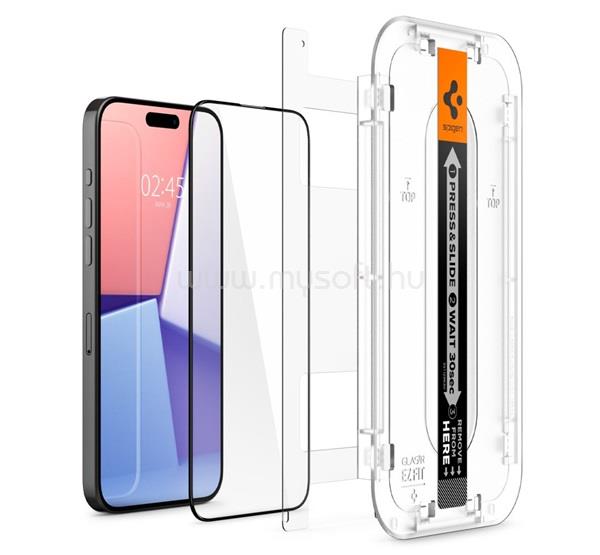 SPIGEN iPhone 15 Pro SPIGEN EZ FIT HD képernyővédő üveg 2.5D, 9H + segédkeret, FEKETE