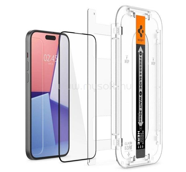 SPIGEN iPhone 15 SPIGEN EZ FIT HD képernyővédő üveg 2.5D, 9H + segédkeret, FEKETE