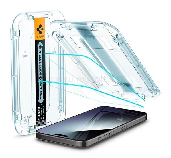 SPIGEN iPhone 15 Pro Max SPIGEN EZ FIT HD képernyővédő üveg 2db 2.5D, 9H + segédkeret, ÁTLÁTSZÓ
