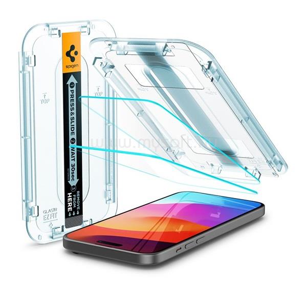 SPIGEN iPhone 16 Plus / 15 Plus SPIGEN EZ FIT HD képernyővédő üveg 2db 2.5D, 9H + segédkeret, ÁTLÁTSZÓ