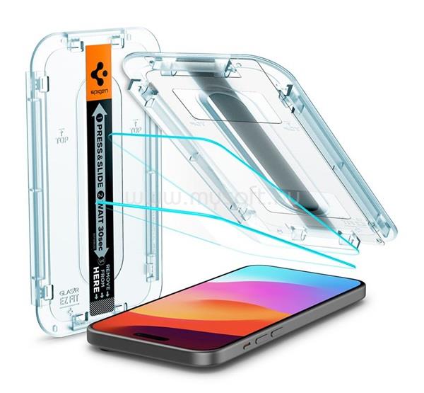 SPIGEN iPhone 16 / 15 EZ FIT HD képernyővédő üveg 2db 2.5D, 9H + segédkeret, ÁTLÁTSZÓ