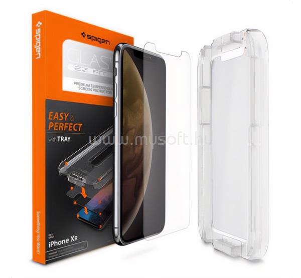 SPIGEN iPhone 11 / XR 6.1 EZ FIT képernyővédő üveg 2.5D, 9H + segédkeret, ÁTLÁTSZÓ