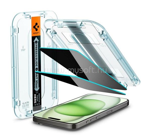 SPIGEN iPhone 16 Plus / 15 Plus EZ FIT képernyővédő üveg 2db 2.5D, 9H + segédkeret, ÁTLÁTSZÓ