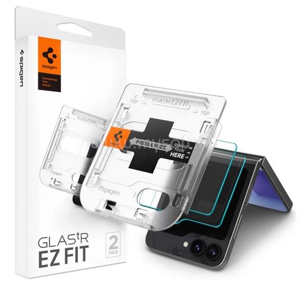 SPIGEN Samsung Z Flip7 FE / Z Flip6 EZ FIT képernyővédő üveg 2db 2.5D, 9H + segédkeret, ÁTLÁTSZÓ