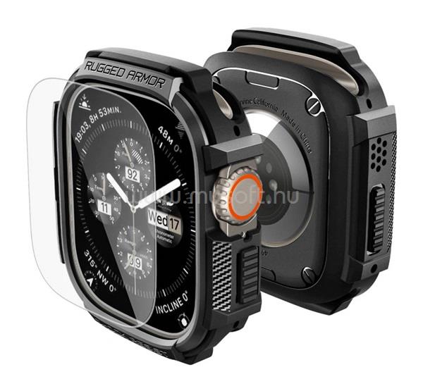 SPIGEN Apple Watch Ultra 3 49mm / Ultra 2 49mm RUGGED ARMOR műanyag óra keret ütésállóság + kijelzővédő üveg FEKETE