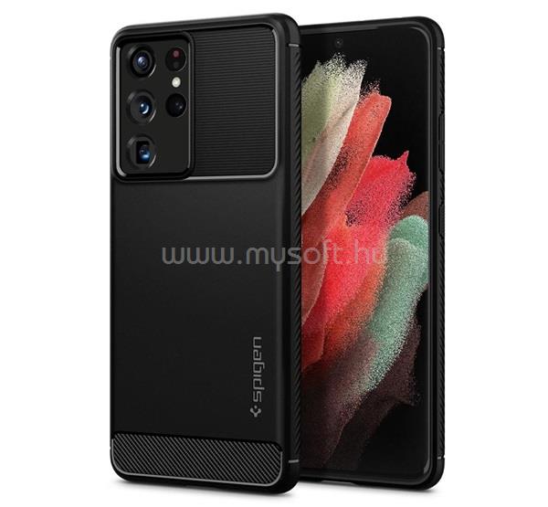 SPIGEN Samsung S21 Ultra RUGGED ARMOR szilikon telefonvédő ütésállóság, karbon minta, FEKETE