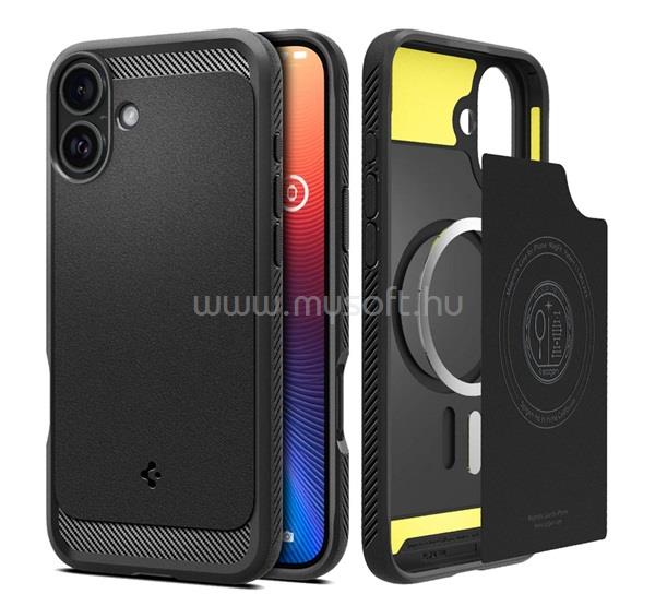 SPIGEN iPhone 16 RUGGED ARMOR szilikon telefonvédő ütésállóság, MagSafe, FEKETE