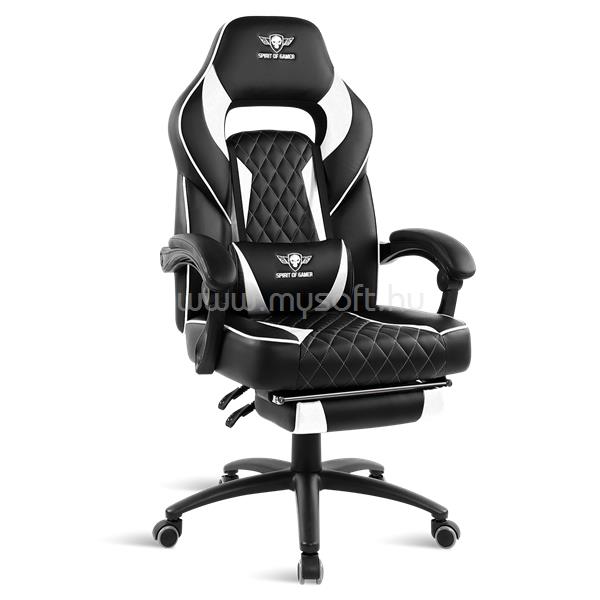 SPIRIT OF GAMER szék - MUSTANG White (állítható dőlés/magasság; kihajtható lábtartó; max.120kg-ig, fekete-fehér)