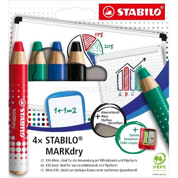 STABILO MARKdry táblákhoz és flipchartokhoz 4db-os vastag színes ceruza készlet törlőkenővel és hegyezővel