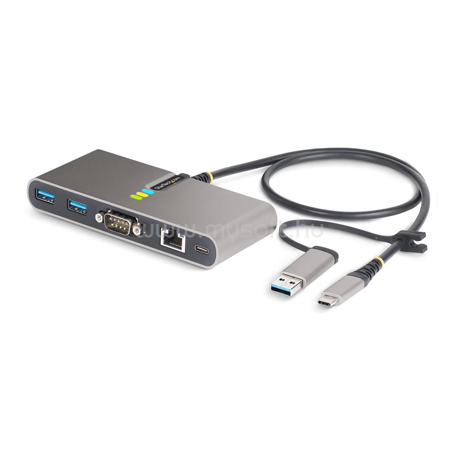 STARTECH 2-Port USB-C Hub with Ethernet and RS-232, Attached USB-C to USB-A Dongle, 100W PD Pass-Through, 2x USB-A 5Gbps, Gigabit Ethernet, RS232 Serial (FTDI)