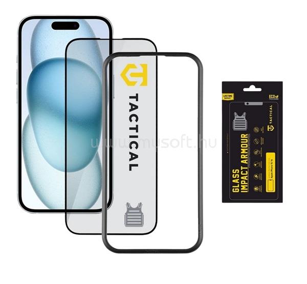 TACTICAL iPhone 16 / 15 TACTICAL IMPACT ARMOUR GLASS képernyővédő üveg 3D, antibakteriális + segédkeret, FEKETE