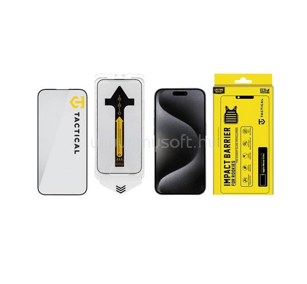 TACTICAL iPhone 15 Pro TACTICAL IMPACT BARRIER FOR ROOKIES képernyővédő üveg 5D, 9H + segédkeret, FEKETE
