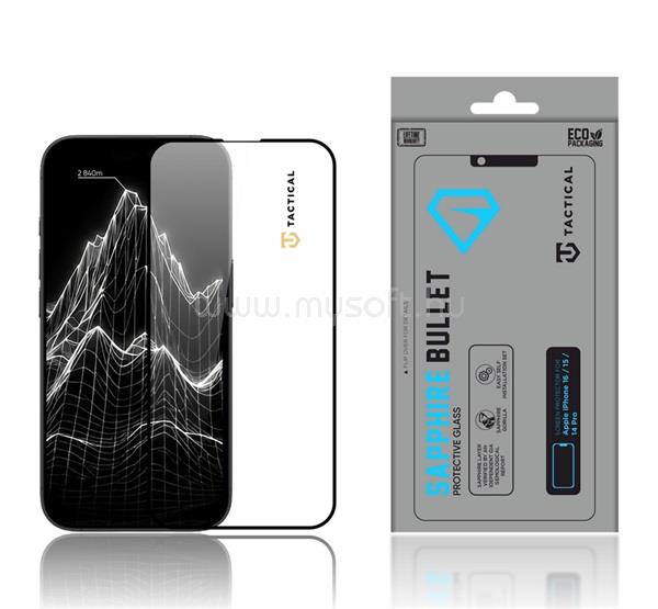 TACTICAL iPhone 16 / 15 / 14 Pro TACTICAL SAPPHIRE BULLET képernyővédő üveg 2.5D, zafír réteg, FEKETE
