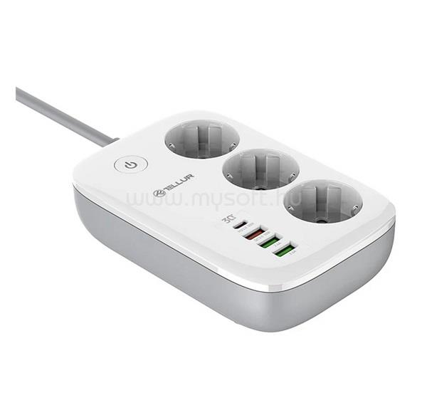 TELLUR TELLUR okos hálózati elosztó 3 AC+3 USB+Type-C aljzat 30W, mobil vezérlés + 200cm tápkábel, FEHÉR
