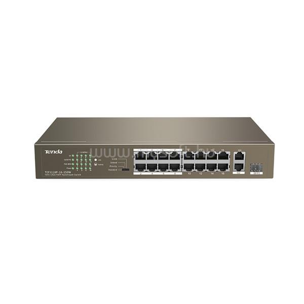 TENDA Switch PoE - TEF1118P-16-150W V3.0 (16x100Mbps; 2x1Gpbs; 1xSFP Combo; 16 af/at PoE+ port; 150W)