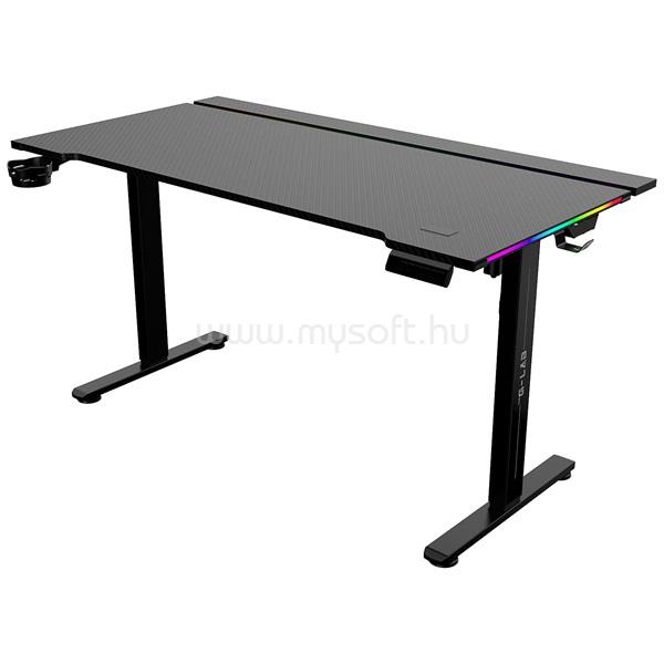 THE G-LAB K DESK PLATINIUM gamer asztal (140x75cm, fém, pohár, fejhallgatótartó, fekete, motoros magasság áll., RGB)