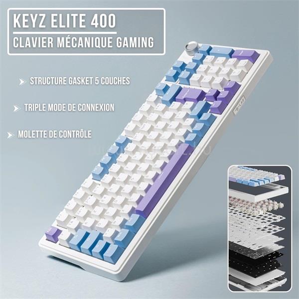 THE G-LAB Vezeték nélküli Gamer Billentyűzet - KEYZ ELITE 400 WB/US (RGB, 2,4Ghz+BT+Wired, 8000Hz, USB, fehér-kék angol)