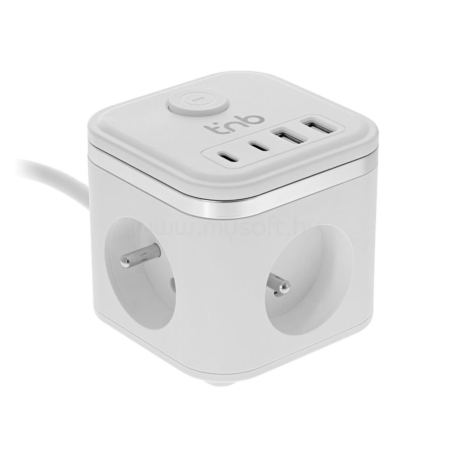 TNB Elosztó 3 aljzattal + 4 USB porttal (2 USB-A + 2 USB-C)   BE/KI gomb