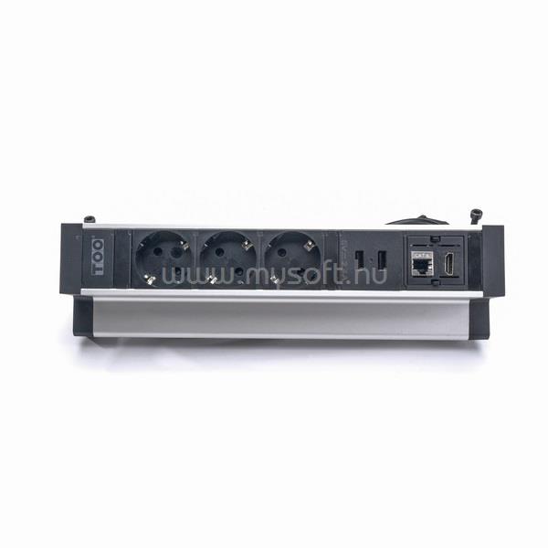 TOO DPS-113-3S IP20, 3x 2P+F, 2x USB-A, RJ45, HDMI, ezüst asztalra rögzíthető elosztó