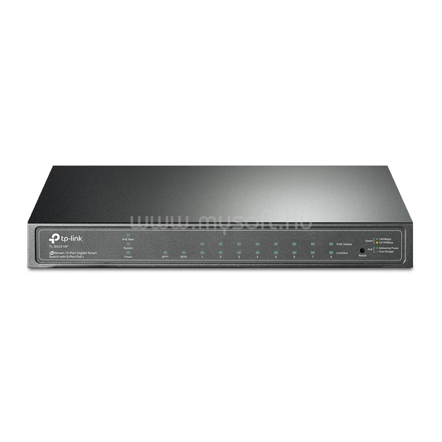 TP-LINK 8 portos gigabites Smart PoE switch 2 db SFP csatlakozóval