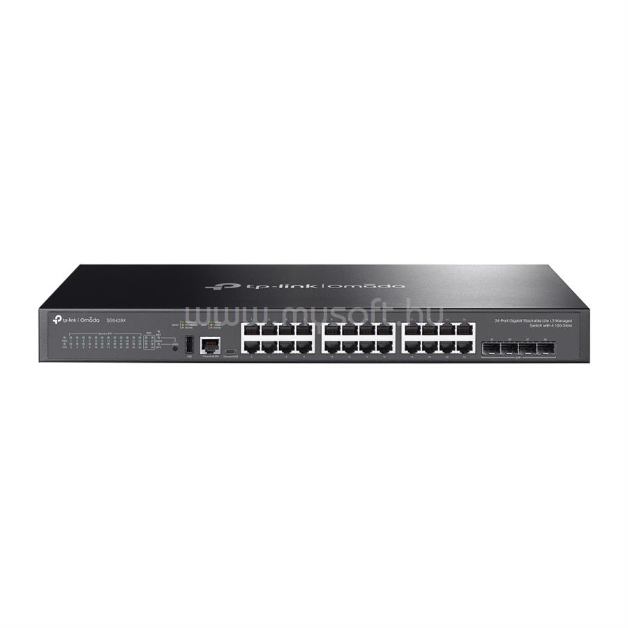 TP-LINK SG5428X Switch 24x1000Mbps + 4x10Gbps SFP + 1xkonzol port, menedzselhető