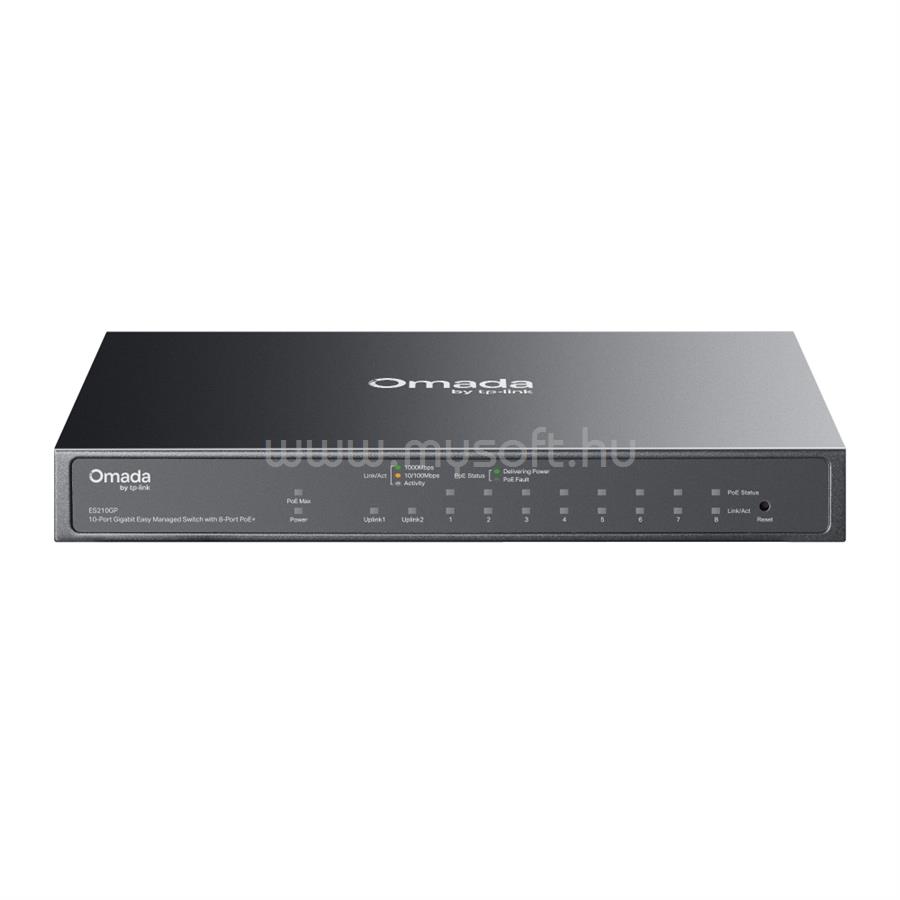 TP-LINK Switch Menedzselhető PoE - ES210GP (Omada; 9x 1Gbps; 8x af/at PoE+ port; 1x SFP/RJ45 combo port; 63W)