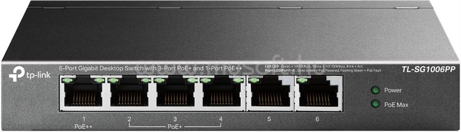 TP-LINK TL-SG1006PP Switch 6x1000Mbps (3xPOE+ + 1xPOE++) fémházas asztali