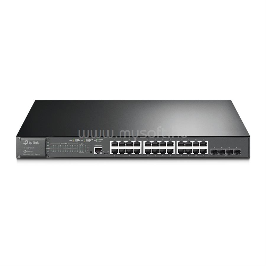 TP-LINK TL-SG3428MP Switch 24x1000Mbps (24xPOE+) + 4x1Gigabit SFP port, 2 konzol port, menedzselhető