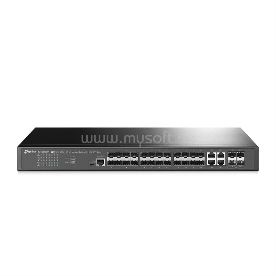 TP-LINK TL-SG3428XF Switch 20x1000Mbps + 4xGigabit SFP kombó + 4x10G SFP+ + 1xkonzol port, Menedzselhető