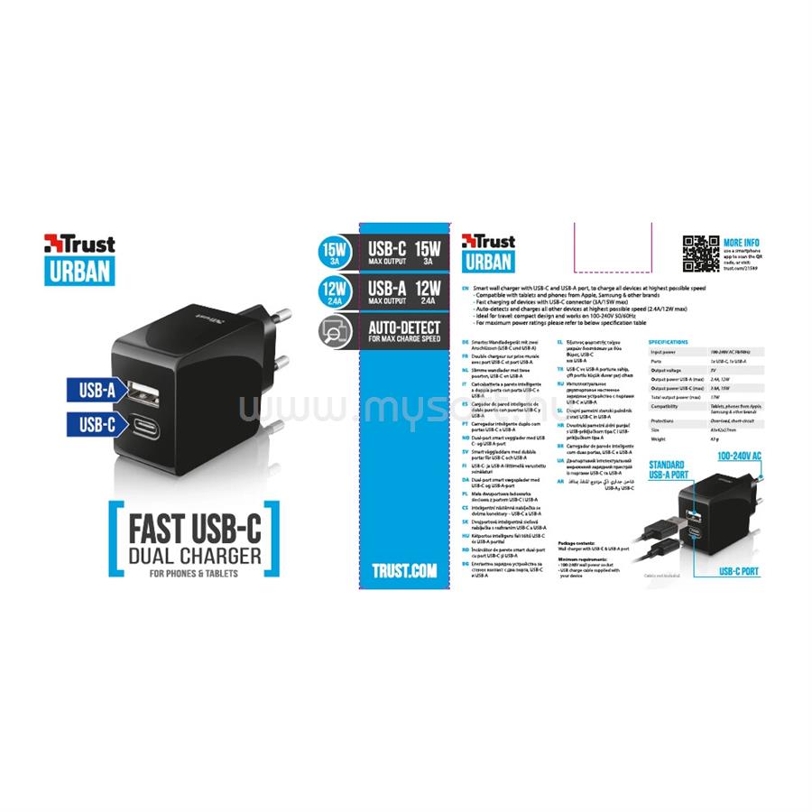 TRUST 21589 Fast Dual USB-C & USB Wall Charger for phone