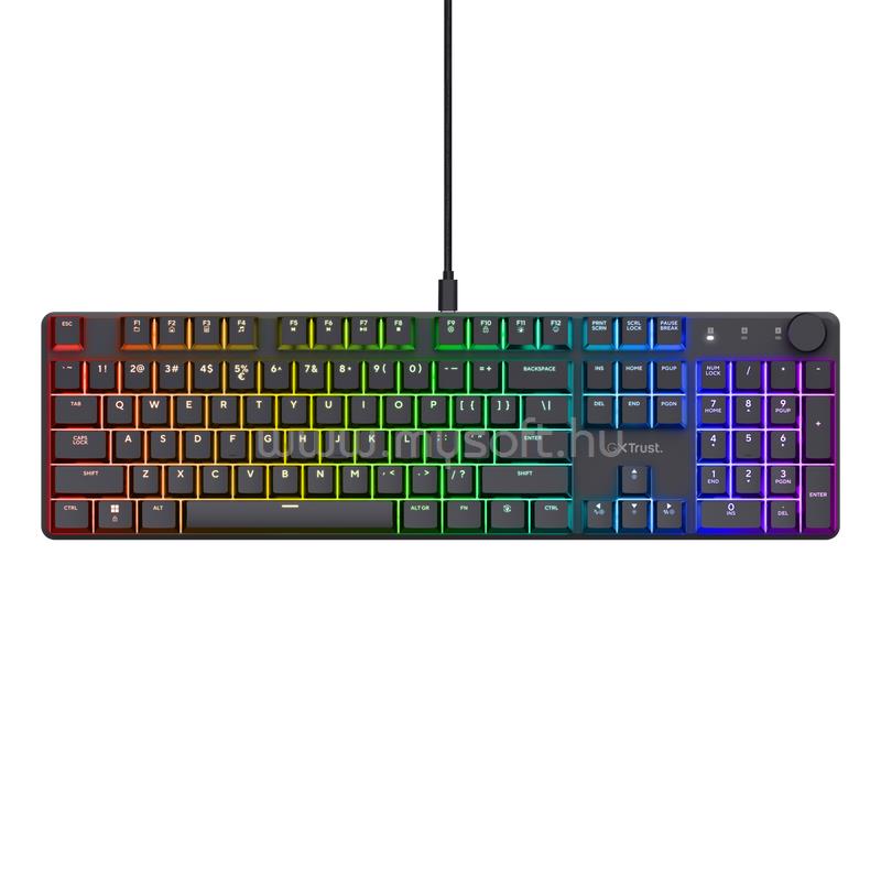 TRUST GXT866 Torix mechanikus Huano switch RGB LED háttérvilágításos gamer vezetékes billentyűzet amerikai angol lokalizáció (fekete)
