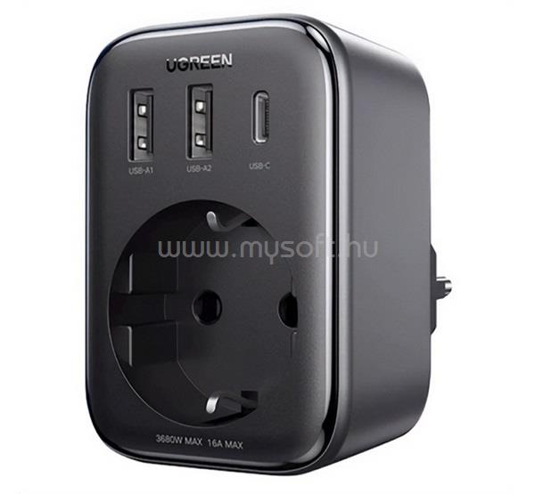 UGREEN UGREEN CD314 hálózati elosztó 2 USB+Type-C+hálózati aljzat 30W, PD gyorstöltő, FEKETE