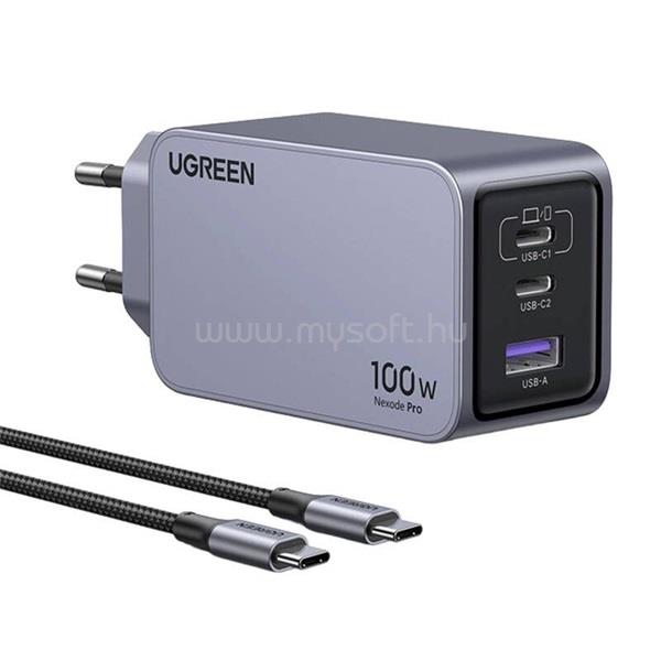 UGREEN NEXODE PRO X757 hálózati töltő USB+3 Type-C aljzat 100W, PD gyorstöltő + Type-C kábel, SÖTÉTSZÜRKE