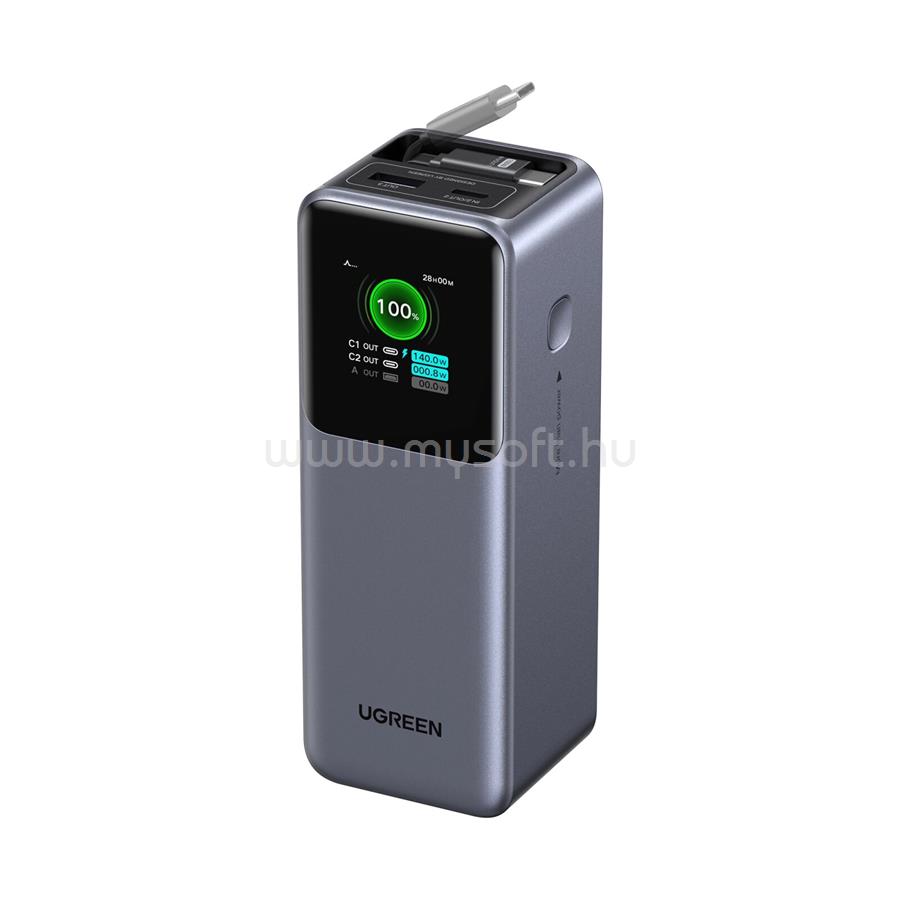 UGREEN UGREEN PB726 vésztöltő Type-C+USB aljzat 20000mAh, LED kijelző + fix Type-C kábel, SÖTÉTSZÜRKE