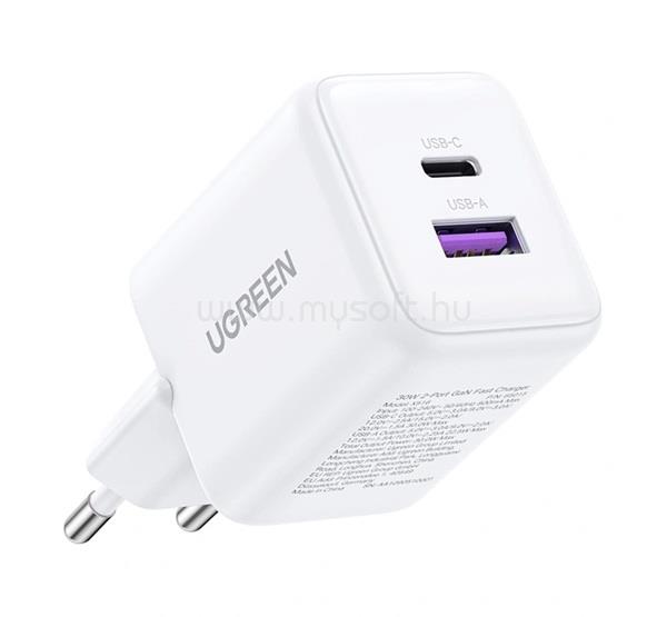 UGREEN UGREEN X516 hálózati töltő USB+Type-C aljzat 30W, PD gyorstöltő, FEHÉR