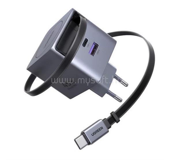 UGREEN UGREEN X614 hálózati töltő USB+Type-C aljzat 45W, PD gyorstöltő + fix Type-C kábel, FEKETE