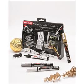 UNI Chalk PWE-5M karácsonyi 4 db-os elegáns színek folyékony kréta készlet (fehér, fekete, arany, ezüst) 2UPWE5M4DBELEGANS4 small