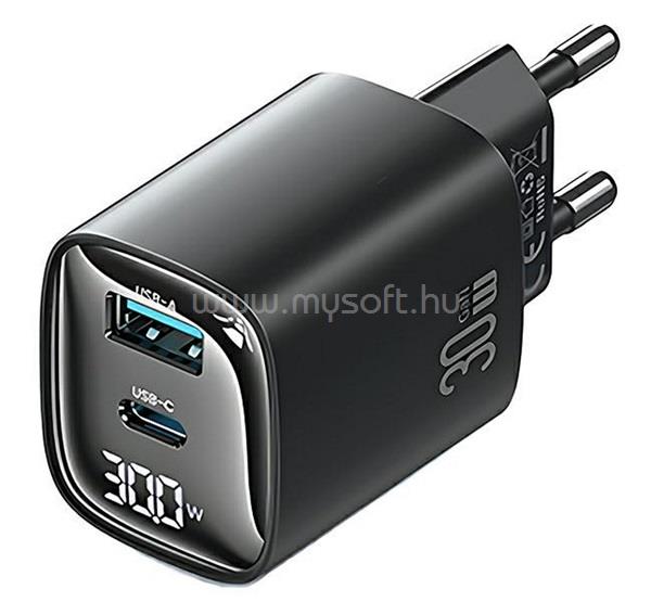 USAMS USAMS CC229 hálózati töltő USB+Type-C aljzat 30W, LED kijelző, FEKETE