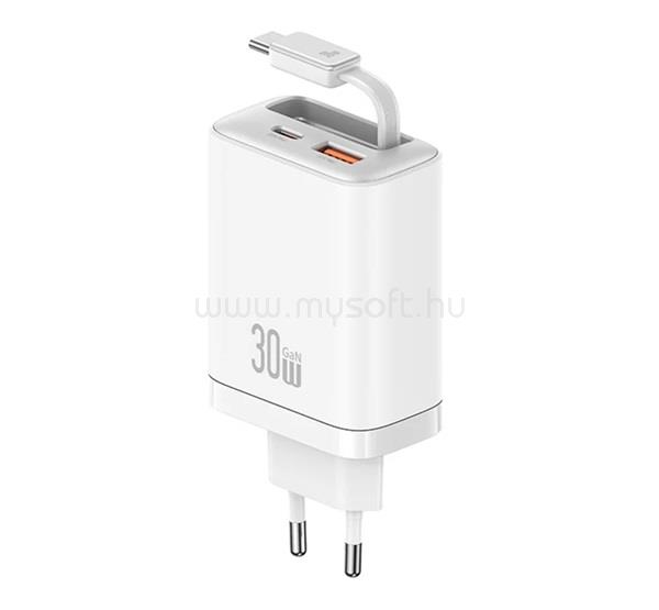 USAMS USAMS CC296 hálózati töltő USB+Type-C aljzat 30W, PD gyorstöltő + fix Type-C kábel, FEHÉR
