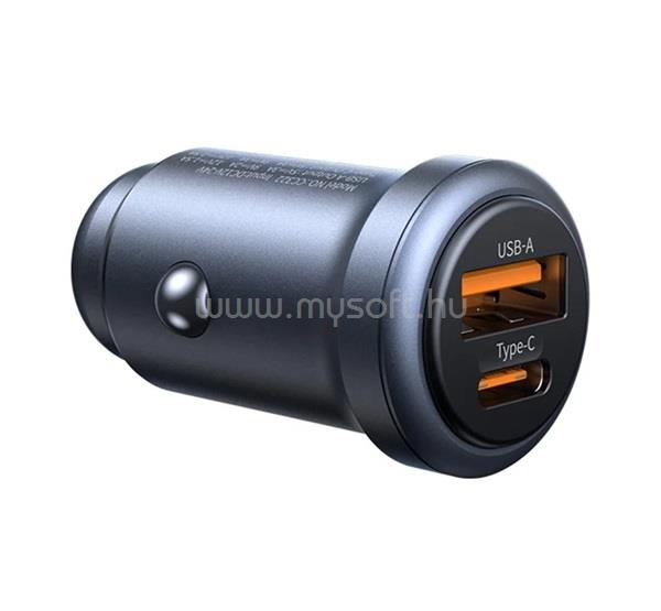 USAMS USAMS CC322 autós töltő Type-C+USB aljzat 30W, PD gyorstöltő 3.0, SÖTÉTSZÜRKE