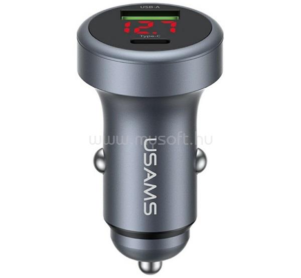 USAMS USAMS CC327 autós töltő USB+Type-C aljzat 45W, LED kijelző, SÖTÉTSZÜRKE