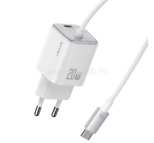 USAMS USAMS JC MINI hálózati töltő Type-C aljzat 20W, GaN + fix Type-C kábel, FEHÉR
