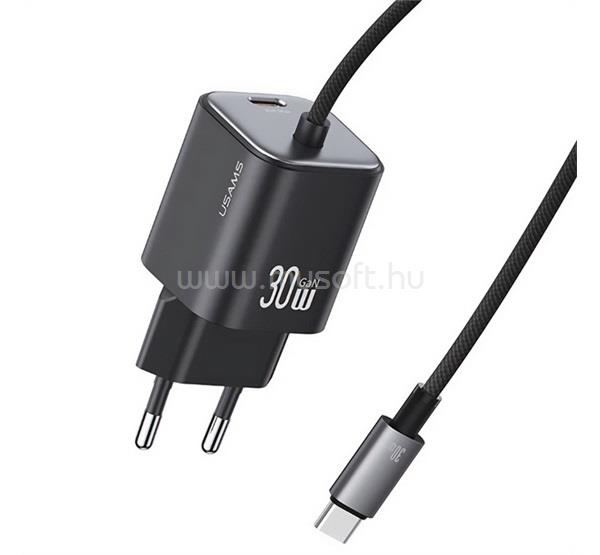 USAMS USAMS JC MINI hálózati töltő Type-C aljzat 30W, GaN + fix Type-C kábel, FEKETE