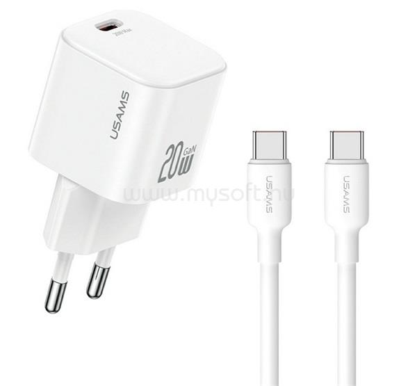 USAMS USAMS JO hálózati töltő Type-C aljzat 20W, PD gyorstöltő + Type-C kábel, FEHÉR