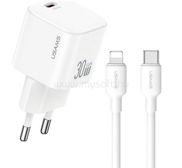 USAMS USAMS JO hálózati töltő Type-C aljzat 30W, PD gyorstöltő + lightning kábel, FEHÉR